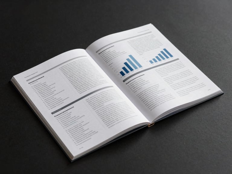 Portrait-oriented shot of a corporate annual report spread laid flat on a dark surface, clean strobe lighting, structured grid layout with charts and callouts, no people visible
