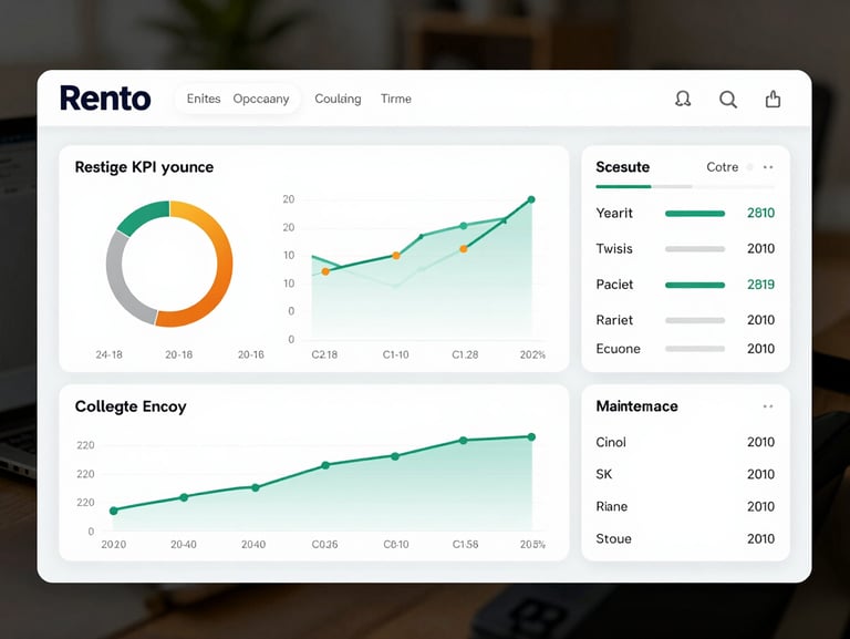 Straight-on, high-fidelity UI screenshot of the Rento KPI dashboard showing real-time occupancy metrics, collection performance charts, and active maintenance tickets in a clean slate-gray interface.