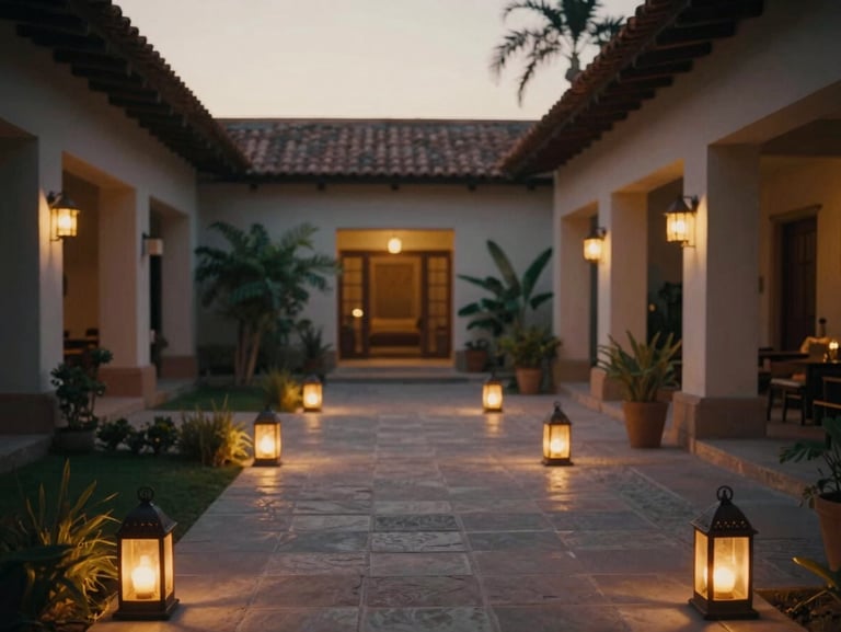Intimate courtyard of Ananta resort, stone pathways lined with warm lanterns, twilight glow, 35mm film aesthetic.