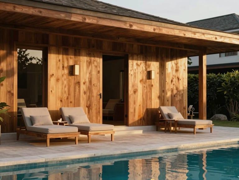Architectural detail of Salt Water Resorts, luxury pool villa with natural wood elements, golden hour soft light, shallow depth of field.