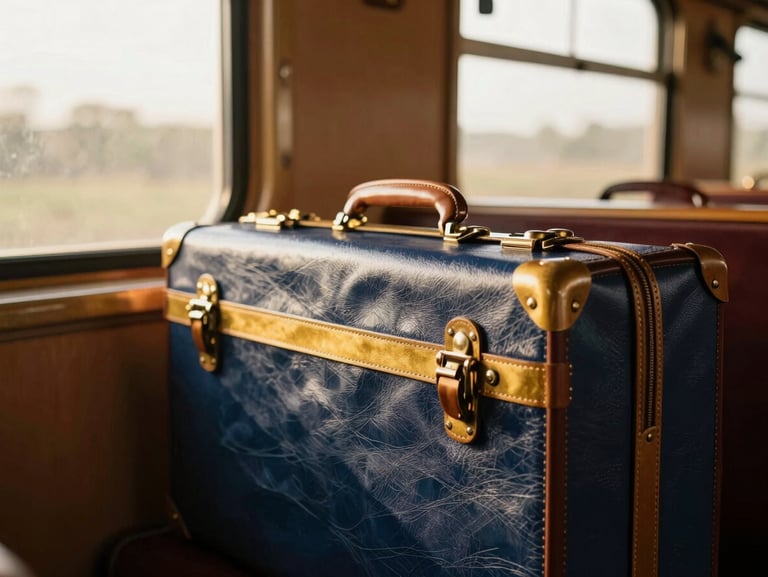 Close-up of luxury leather luggage on a vintage train passenger car, warm golden-hour light streaming through the window