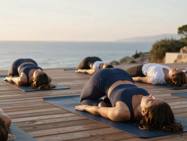 A serene outdoor yoga session on a wooden deck overlooking the Mediterranean sea, soft morning light, peaceful atmosphere