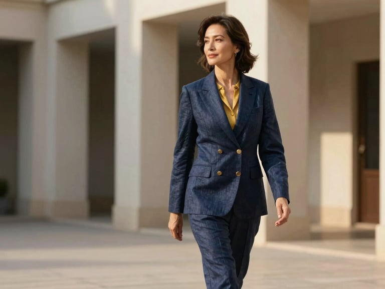 Elegant mature woman in a tailored linen suit walking through a sunlit architectural courtyard with clean lines
