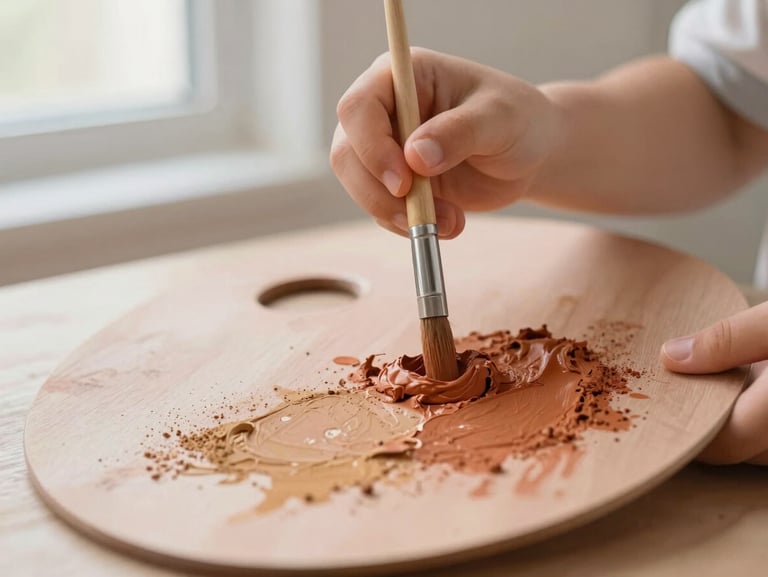 Close-up of a child mixing terracotta and ochre paint pigments on a wooden palette, hands holding a brush, soft focus play overlay