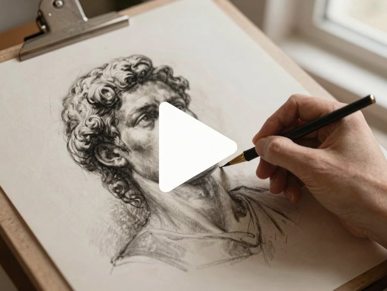 Overhead shot of an artist hand drawing a classical charcoal portrait, subtle play icon overlay, warm studio lighting