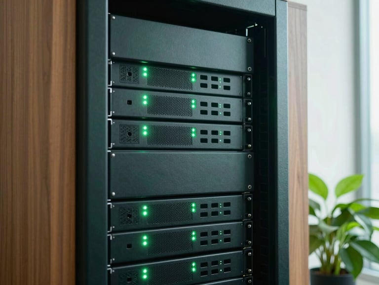 Close-up of a neatly organized server rack with green LED indicator lights, surrounded by sleek wooden panels and a small green plant, soft natural lighting