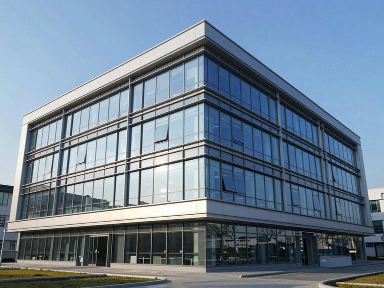 Subtle architectural shot of a modern medical research facility with clean glass panels reflecting a cool blue sky, emphasizing clinical precision and sterile environments.