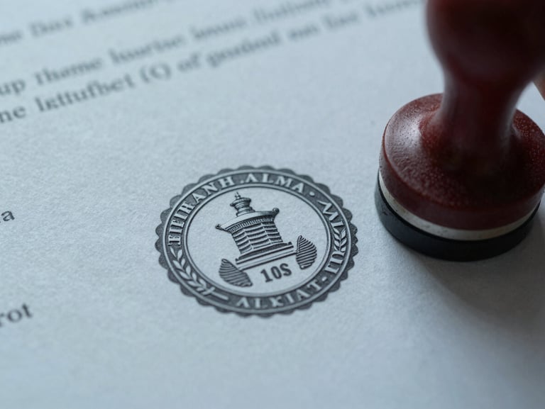 Macro close-up of a certified legal document with an official embossed seal and physical stamp, crisp cool daylight casting subtle shadows across the textured paper.