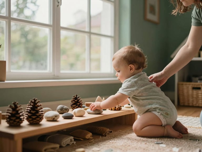 Ground-level view inside a warm toddler play room, a young infant reaching toward a low wooden shelf of natural materials — pinecones, smooth stones, fabric scraps — soft north-facing daylight from a large window, educator's hands visible at the edge of frame, earthy terracotta and forest-green tones in the room