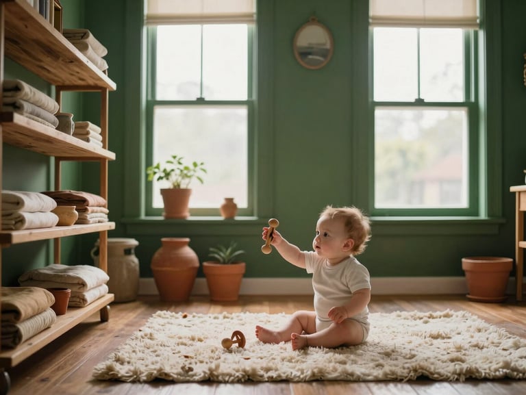 Wide environmental shot of a warm, lived-in infant room interior — low wooden shelves with soft natural materials, a single infant sitting upright on a wool rug reaching toward a wooden rattle, diffused north-facing daylight through large windows, deep forest green wall paint visible, terracotta clay pots on a low windowsill