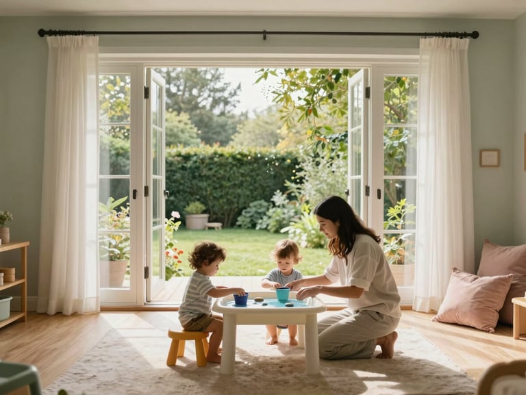 Wide shot of a bright, airy toddler room with large windows open to a garden, soft sage-painted walls, two toddlers at a low water table with small cups and stones, an educator crouching at child-eye-level beside them, pale morning light diffused through sheer curtains, blush-coloured cushions stacked in the corner