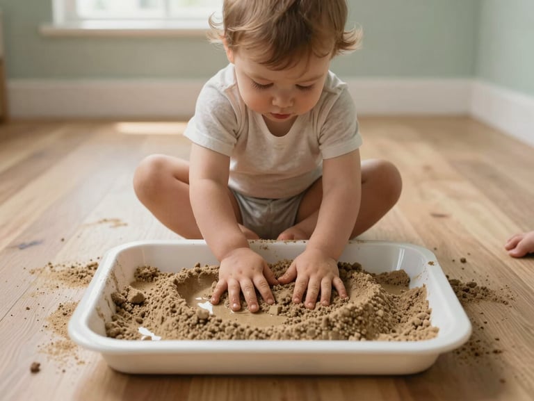 Overhead shot of a toddler sitting cross-legged on a light wood floor, hands pressing into a shallow tray of wet sand, soft diffused light from a skylight above, pale sage-painted walls visible at the frame edge, a second child's feet visible entering the frame from the right