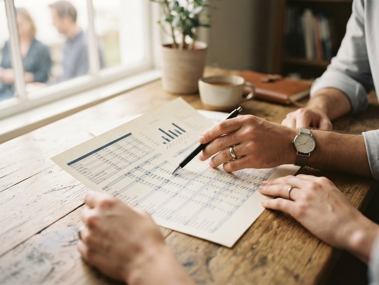 Warm editorial photography of hands reviewing a clean financial spreadsheet on a wooden desk, soft natural window light filtering from the side, shallow depth of field, 35mm