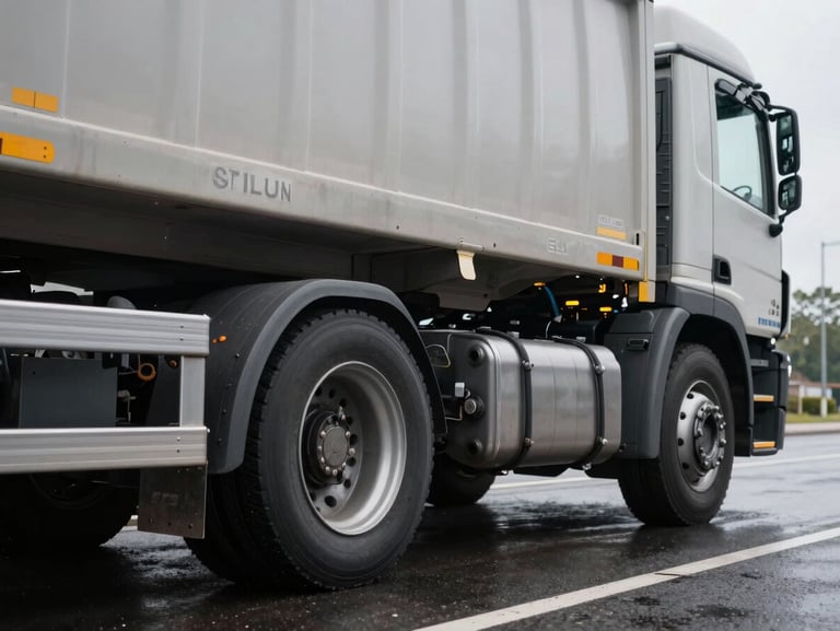 Close-up of a freight truck wheel and chassis on a wet asphalt highway, overcast daylight, industrial focus.