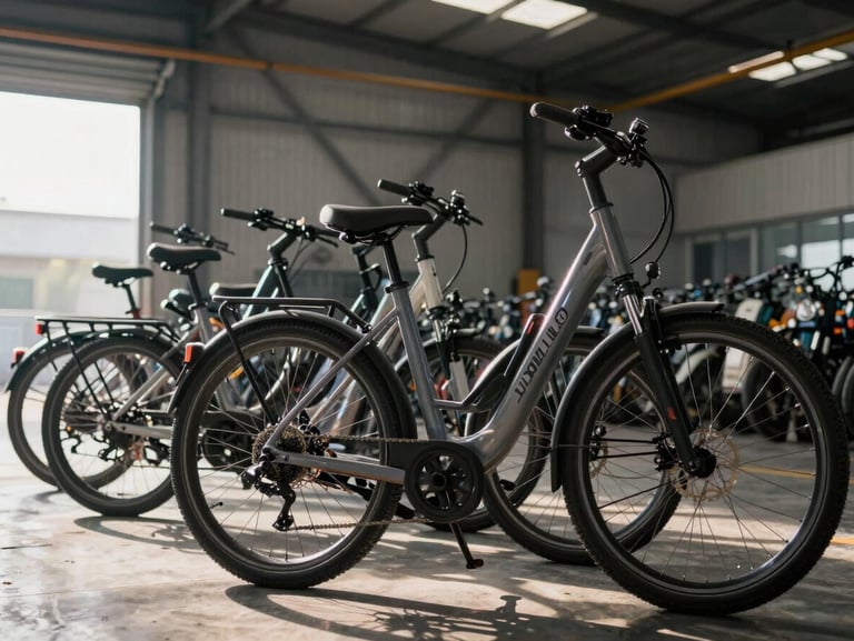 A row of modern electric bikes parked neatly in an industrial warehouse, crisp morning light illuminating the metallic frames.