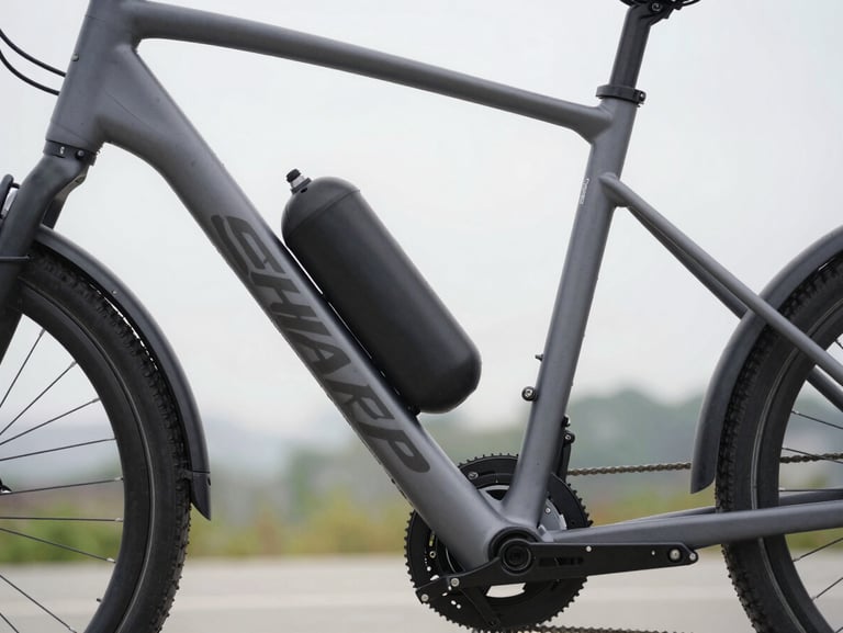 Sharp, clean product shot of an Engwe electric bike frame and motor, natural overcast daylight, side profile, technical detail focus.