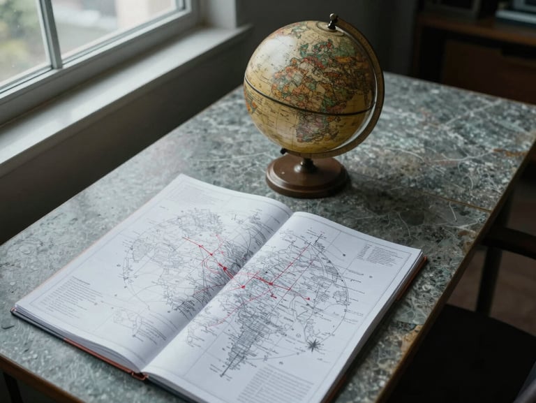 Overhead wide shot of a large desk with an antique globe and open navigation charts, cool overcast daylight from a window to the left, institutional stone surface visible, no people