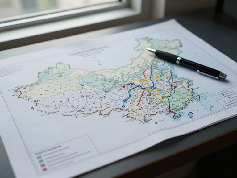 Overhead close-up of a jurisdictional diagram spread across a dark desk, a pen resting diagonally beside it, cool north-facing window light, no people, institutional interior