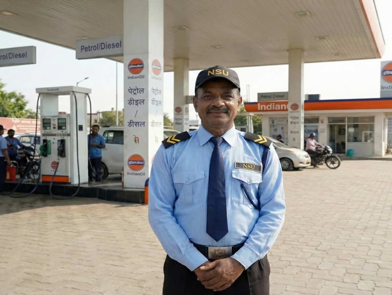 Trained security guard providing 24/7 surveillance and safety at a petrol pump - NSU India.