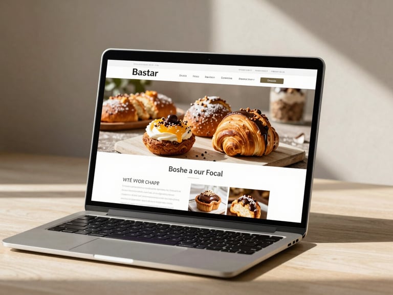 A modern laptop screen displaying a clean, vibrant artisan bakery website, warm natural lighting, soft desk shadows, neutral background.