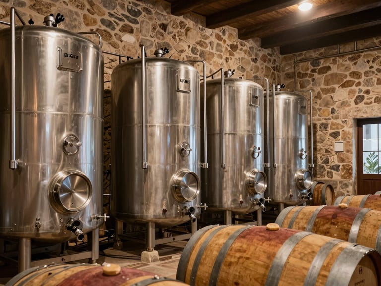 Interior of Viña Mayor León winery, stainless steel tanks and oak barrels under warm cellar light, stone walls, no people, editorial framing