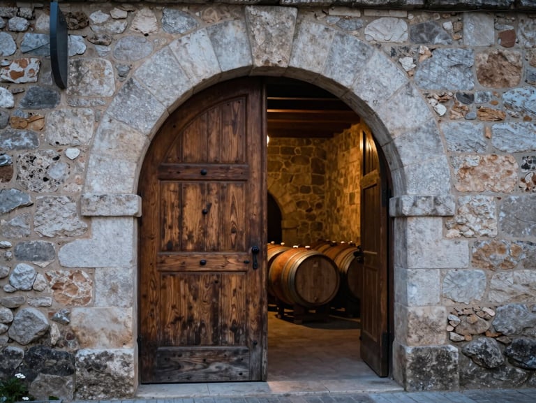 Stone archway entrance of Pago de Otero winery, León, cellar ambient light, aged wooden door ajar revealing barrels beyond, cool northern light, no people