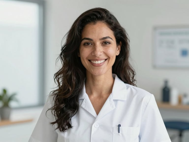 A professional portrait of a diverse female physical therapist smiling warmly in a bright, modern clinic setting, wearing clean professional attire.