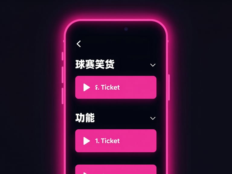 Clean mobile UI mockup of a sports ticketing app on a dark background with vibrant pink glow, sharp vector shapes
