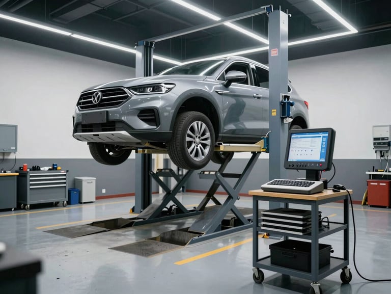 A clean, well-lit modern car service bay in Noida with a vehicle elevated on a hydraulic lift, diagnostic equipment arranged neatly on a tool cart, clinical overhead lighting.