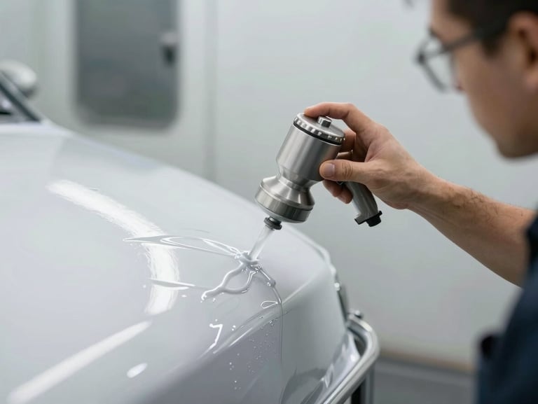 Close-up of a technician spraying clear coat inside a pressurized paint booth, crisp bright lighting, flawless finish.