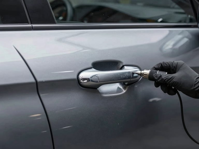 Close-up of the same metallic grey car door panel after high-precision dent pulling, computerized paint matching, and clear coat application.