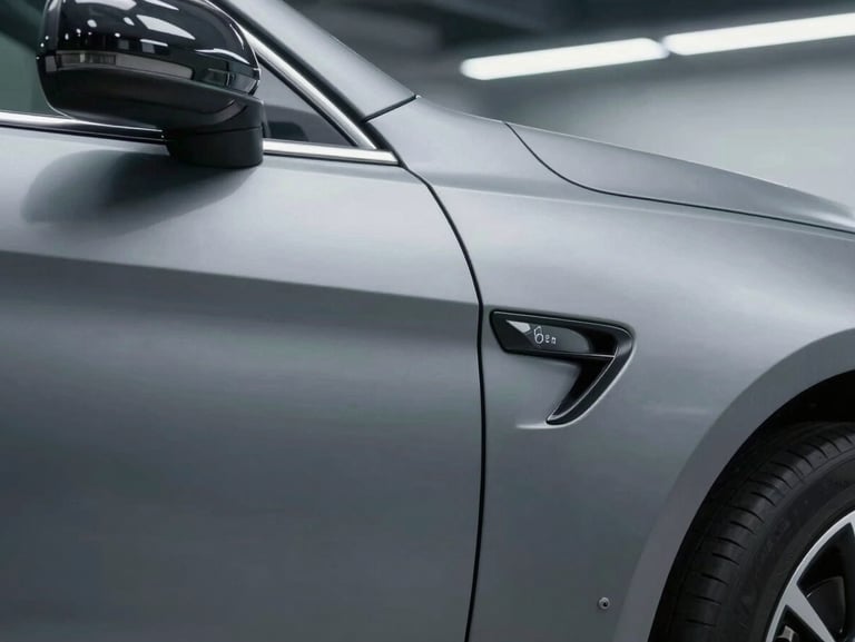 Close-up of a sharp, deep dent on a metallic grey car door panel under bright clinical workshop lighting.
