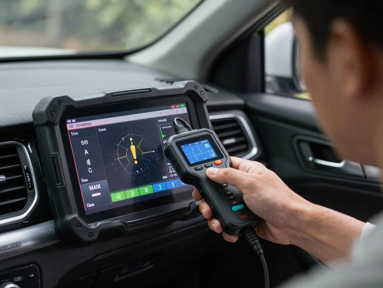 Technician using a digital diagnostic OBD scanner plugged into a car dashboard, screen showing diagnostic codes under clinical light.