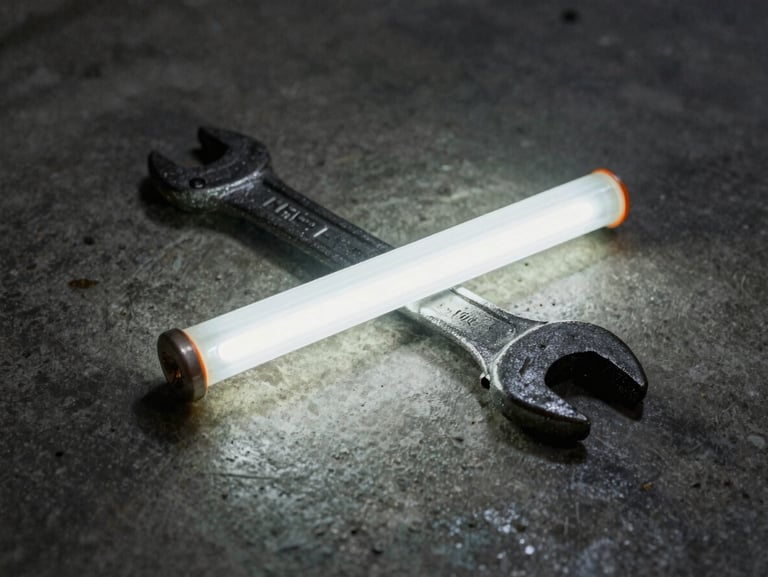 Moody fluorescent lit close-up of a heavy industrial wrench lying on a grease-stained concrete floor, stark shadows.