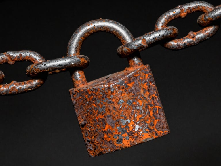 Harsh direct flash photo of a rusted iron padlock snapped open on a heavy chain, gritty texture, high contrast.