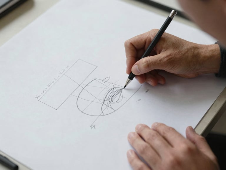 Tight overhead crop of a hand drawing a simple diagram on a large sheet of paper, pencil marks and small handwritten labels visible, other hands at the edges of the frame, overcast indoor light, no faces, documentary detail