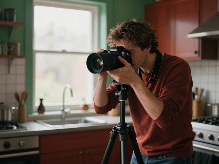 A professional photographer adjusting a camera on a tripod in a rustic kitchen, soft overcast daylight from a nearby window, warm editorial style, 35mm