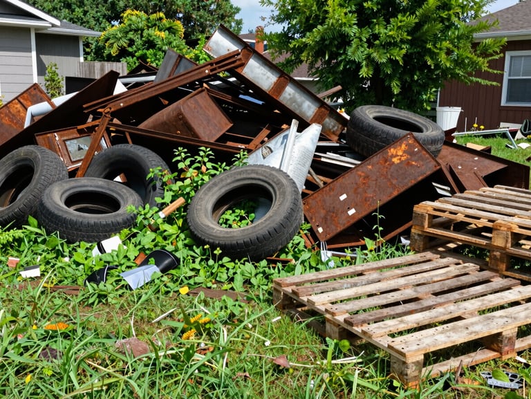 Before: A messy suburban backyard overgrown with weeds, piled high with rusty scrap metal, old tires, and broken wooden pallets.