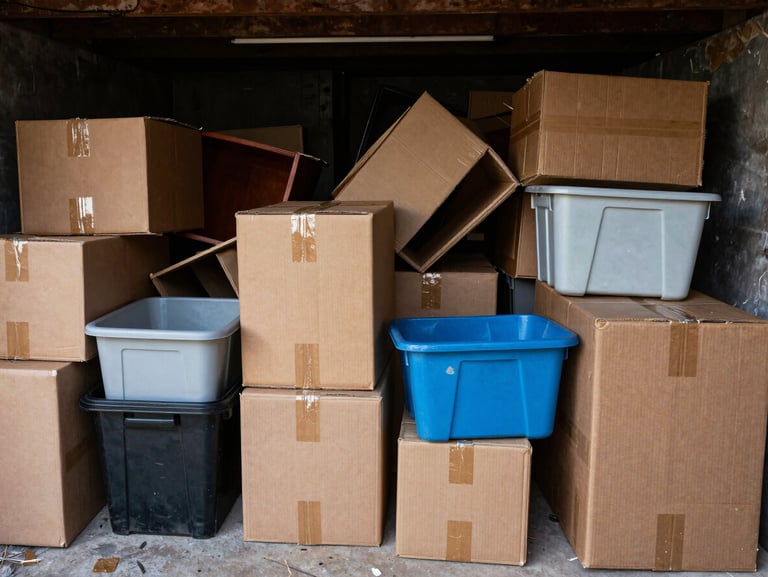 Before: A dark basement packed floor-to-ceiling with old cardboard boxes, broken plastic bins, and discarded furniture, unpolished documentary style.