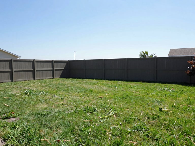 After: The exact same backyard, cleared of all debris, swept clean, showing open green grass and a clean fence line under bright daylight.
