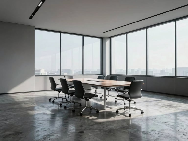 A clean, modern corporate boardroom with minimalist design, cool daylight streaming through large windows, reflecting off a polished concrete floor