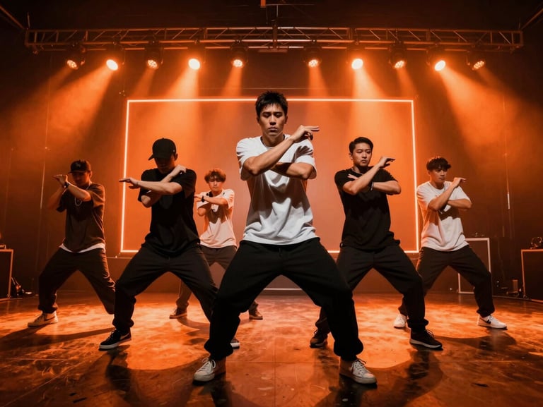 A hip-hop crew performing a sharp synchronized formation under intense orange neon backlighting, dynamic action photography
