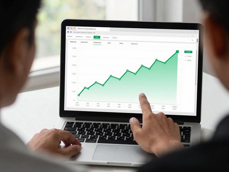 An over-the-shoulder shot of an Indonesian professional analyzing a clean financial dashboard on a laptop with a rising green trendline under soft window light.