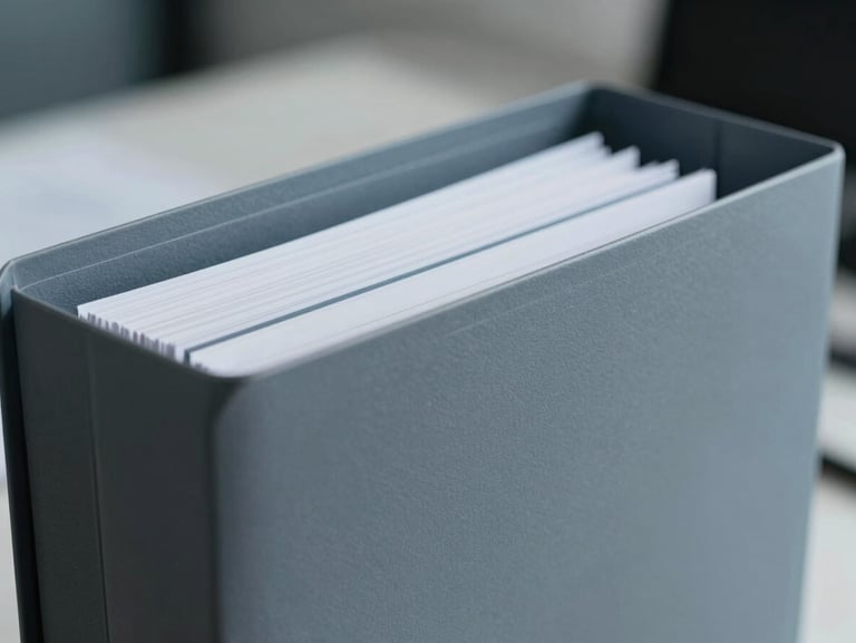 Macro close-up of high-quality business document folders and clean modern corporate stationery, cool office lighting, shallow depth of field.