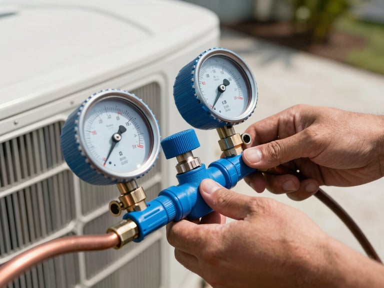 Macro close-up of a technician's hand attaching blue manifold gauges to copper lines on an outdoor AC condenser pad, bright high-contrast daylight, Cape Coral setting.
