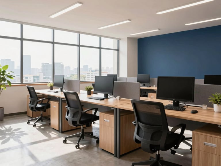 Bright modern office interior in Gurugram with clean desks, sunlit windows, and professional workspace, 35mm lens.