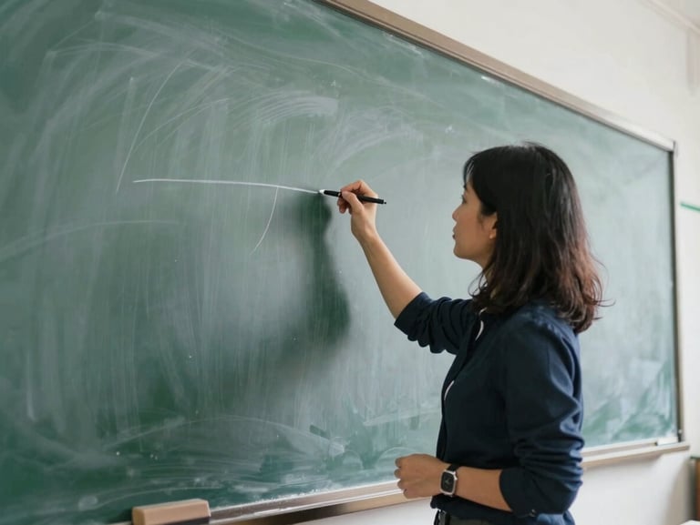 Documentary-style editorial photography of a teacher writing on a blackboard, natural overcast daylight, muted organic tones, 35mm