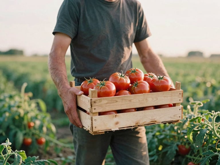 A local farmer carrying a wooden crate of freshly harvested heirloom tomatoes in a sun-drenched field, soft golden hour light, 35mm film.