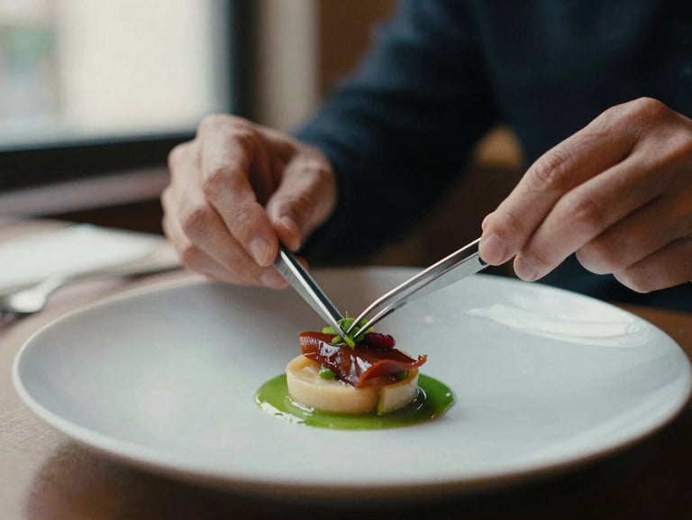 Close-up of hands plating a delicate culinary dish with tweezers under warm bistro lighting, shallow depth of field, 35mm film.