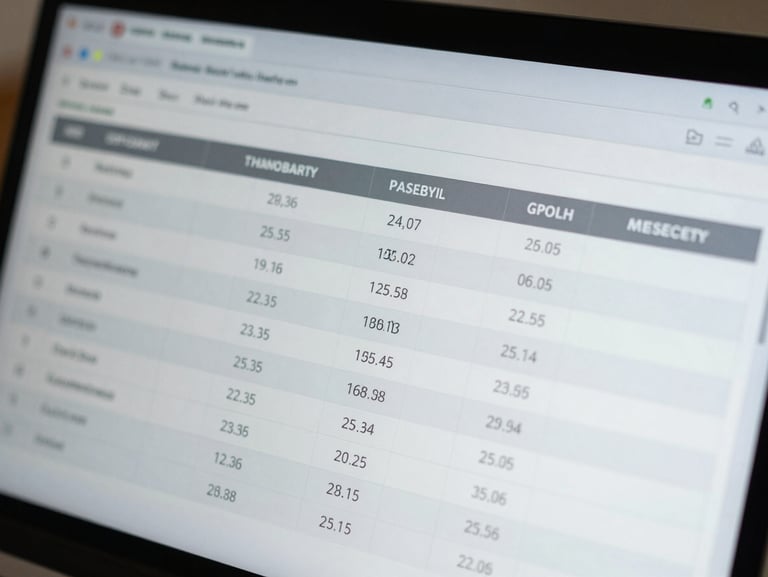 Macro detail of a clean, structured financial model on a screen, cool daylight, sharp shadows.